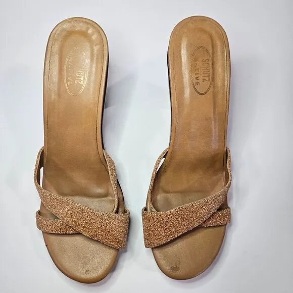 Vintage Schutz Native Wooden Platform '70s Vibe Glitter Cross Front Sandals 7