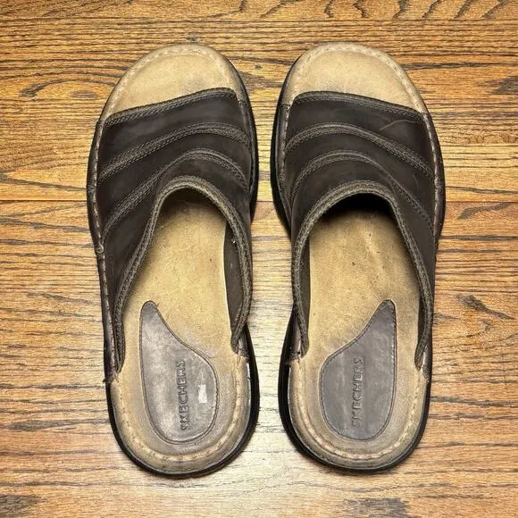 Vintage Skechers 60399 Chunky Brown Leather Slide Sandals Men’s 13