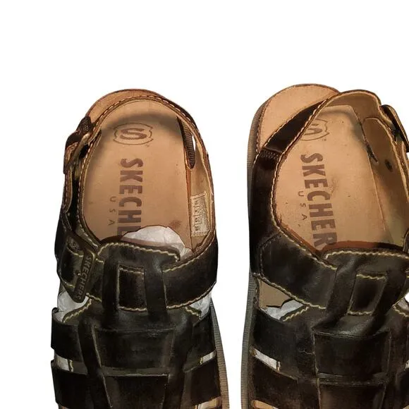 Vintage Skechers Fisherman Sandals Jammers Mens 10 Brown Leather 90's Y2K Chunky