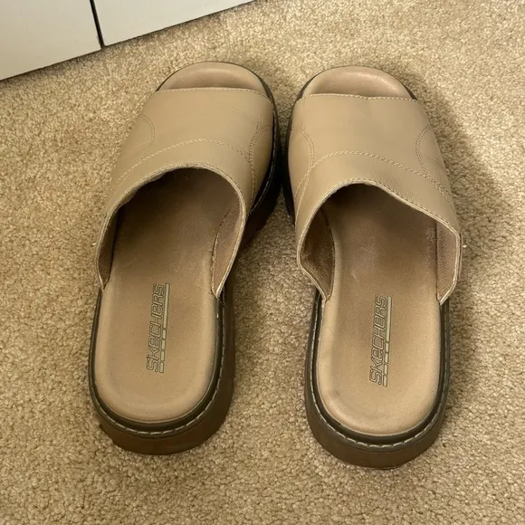Vintage Skechers Y2K Tan Leather Platform Sandals Slip On Open Toe Slides 11 41