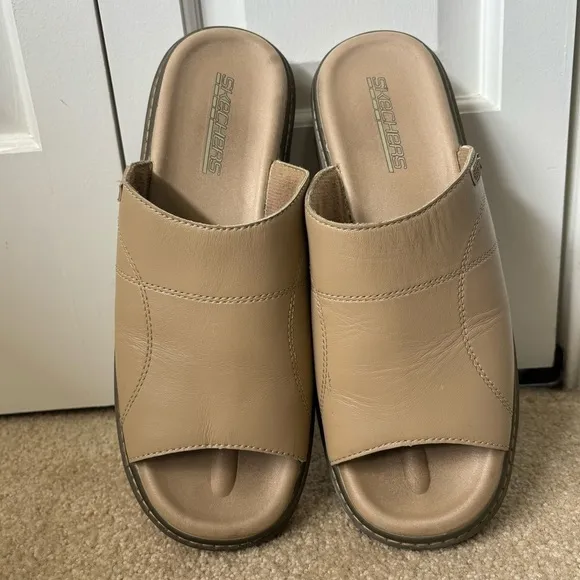 Vintage Skechers Y2K Tan Leather Platform Sandals Slip On Open Toe Slides 11 41