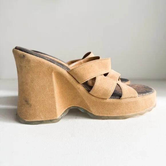 Vintage Spring Chunky Light Beige Wedge Sandal Slides 40
