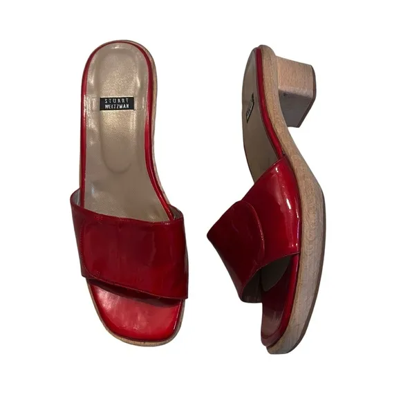 Vintage Stuart Weitzman Patent Leather Wooden Platform Heel Slides, Sz 7