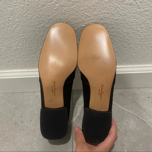 vintage suede black ferragamo loafers flats low heel size 6