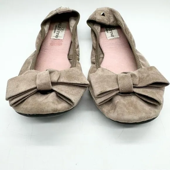 Vintage Valentino Garavani Ruched Suede Bow Ballet Flats Tan Size 38