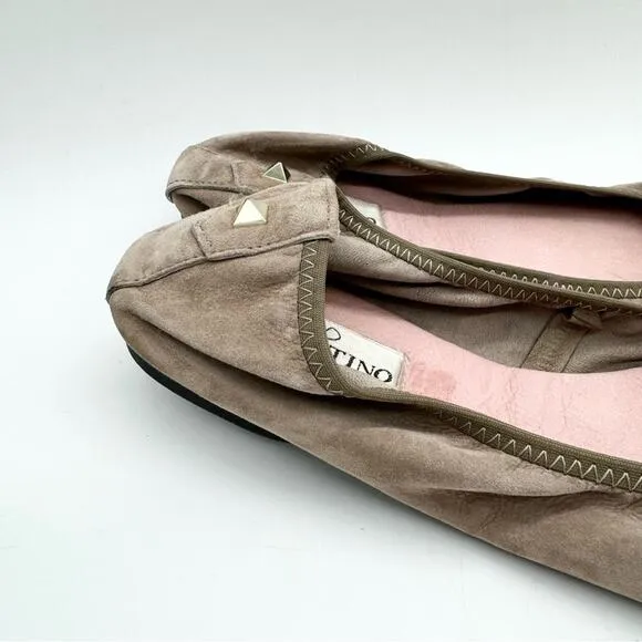 Vintage Valentino Garavani Ruched Suede Bow Ballet Flats Tan Size 38