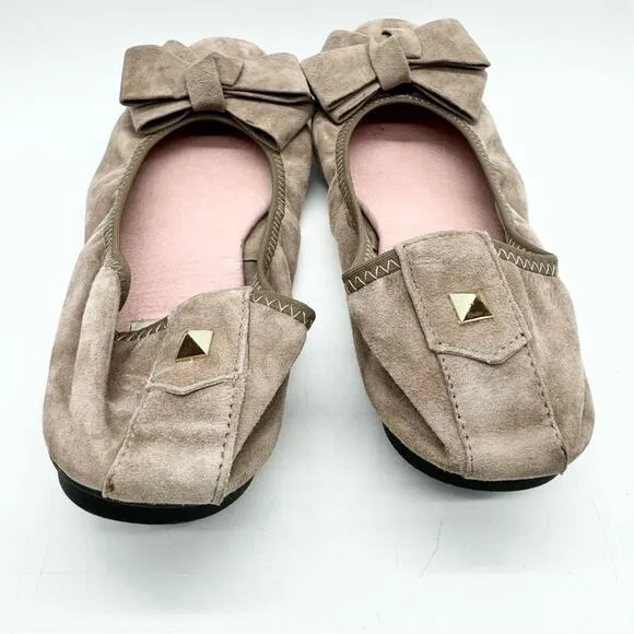 Vintage Valentino Garavani Ruched Suede Bow Ballet Flats Tan Size 38