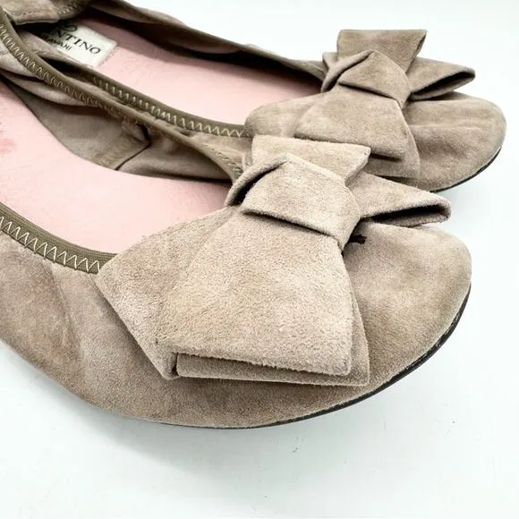 Vintage Valentino Garavani Ruched Suede Bow Ballet Flats Tan Size 38