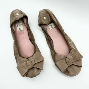 Vintage Valentino Garavani Ruched Suede Bow Ballet Flats Tan Size 38