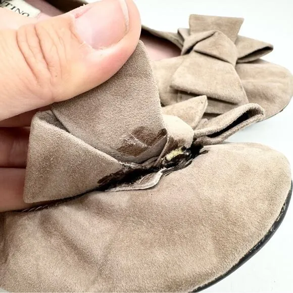 Vintage Valentino Garavani Ruched Suede Bow Ballet Flats Tan Size 38