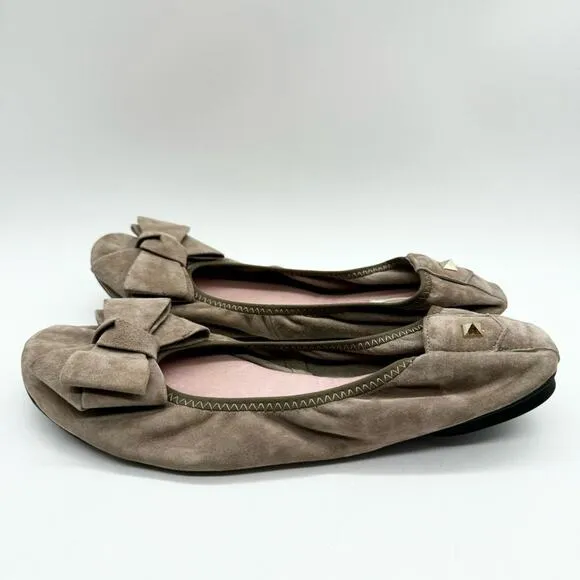 Vintage Valentino Garavani Ruched Suede Bow Ballet Flats Tan Size 38