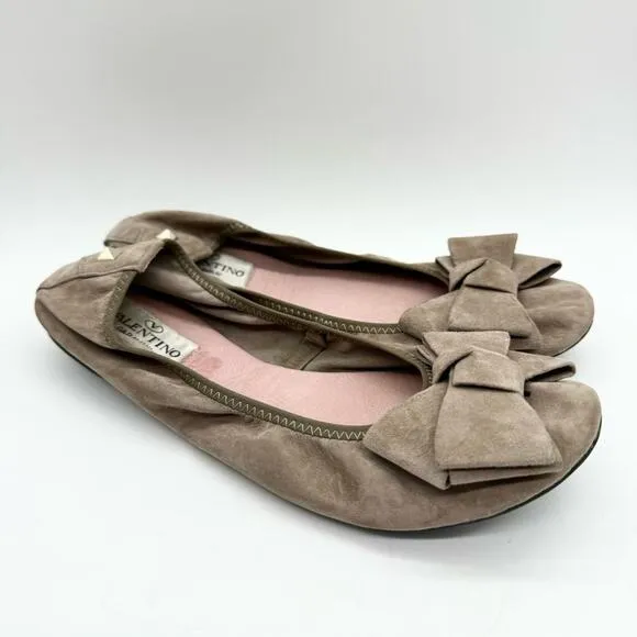 Vintage Valentino Garavani Ruched Suede Bow Ballet Flats Tan Size 38