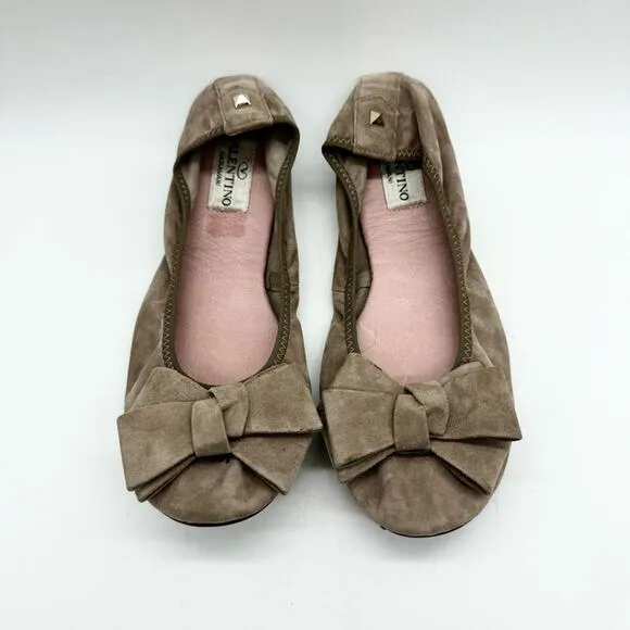 Vintage Valentino Garavani Ruched Suede Bow Ballet Flats Tan Size 38