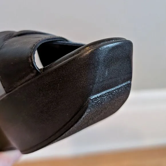 Vintage Y2K Audrey Brooke Black Wedge Sandals Leather Open Toe Chunky Size 7