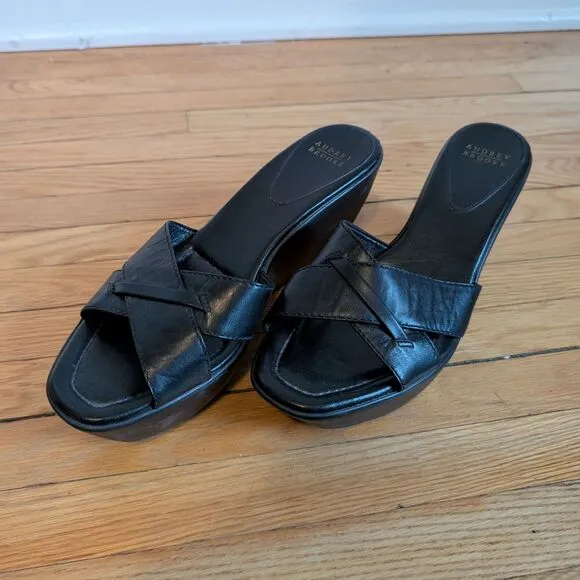 Vintage Y2K Audrey Brooke Black Wedge Sandals Leather Open Toe Chunky Size 7