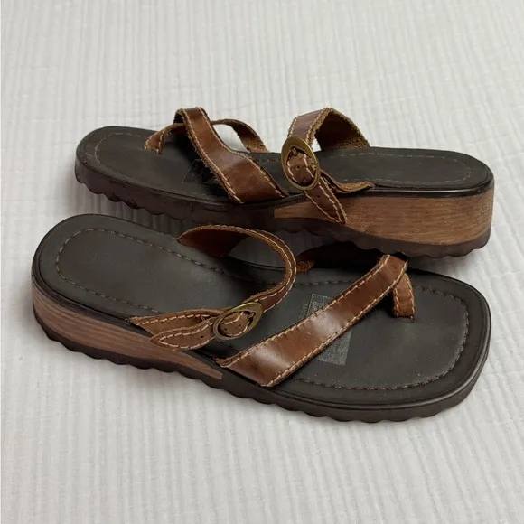 Vintage Y2K Brown Leather Chunky Sandals Size 9 Casual Summer Beach