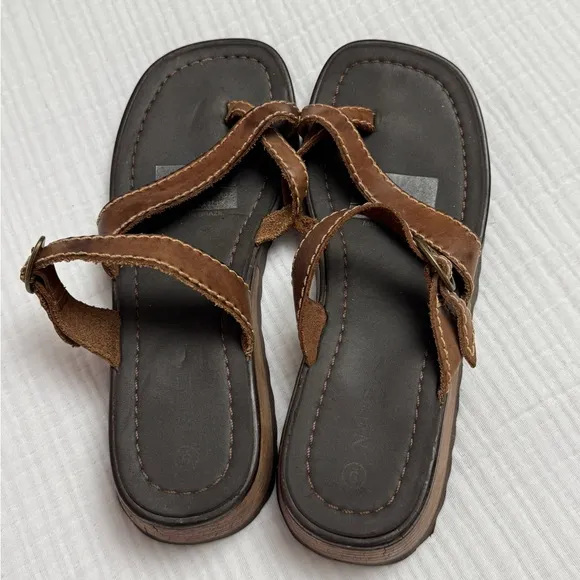 Vintage Y2K Brown Leather Chunky Sandals Size 9 Casual Summer Beach