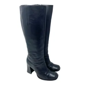Vintage Y2K Newport News Black Leather Square Toe Knee High Boots Sz 7 Side Zip