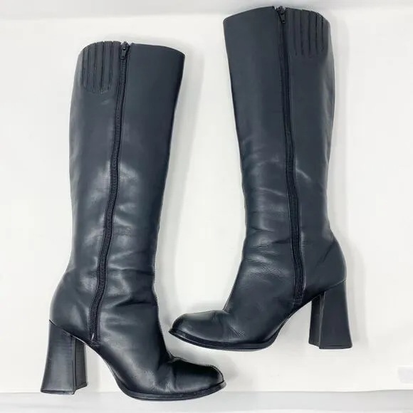 Vintage Y2K Newport News Black Leather Square Toe Knee High Boots Sz 7 Side Zip