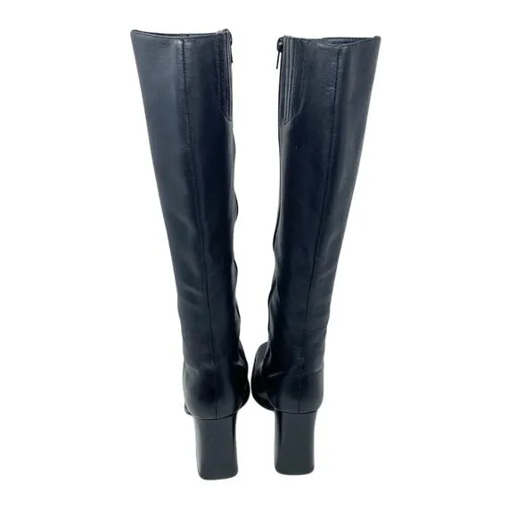 Vintage Y2K Newport News Black Leather Square Toe Knee High Boots Sz 7 Side Zip