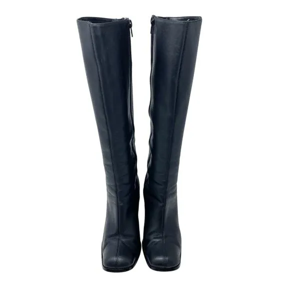 Vintage Y2K Newport News Black Leather Square Toe Knee High Boots Sz 7 Side Zip