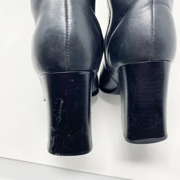 Vintage Y2K Newport News Black Leather Square Toe Knee High Boots Sz 7 Side Zip