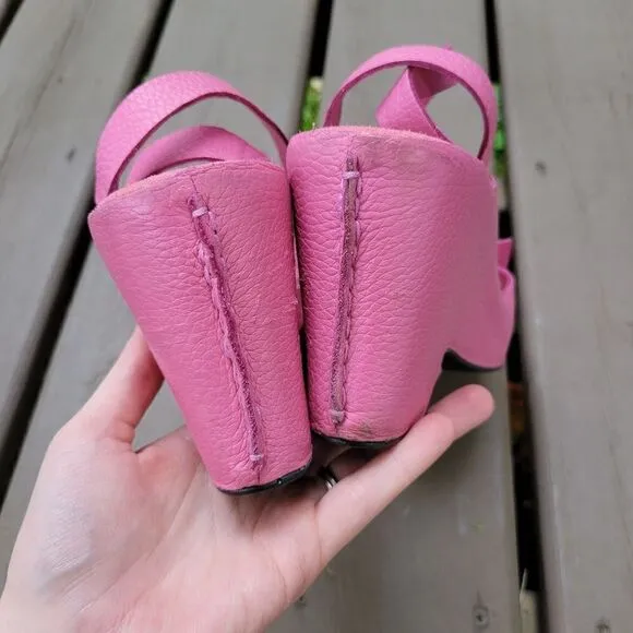 Vintage 90s y2k Barbie Pink Leather Ankle Buckle Wrap Bow Wedge Platform Sandals