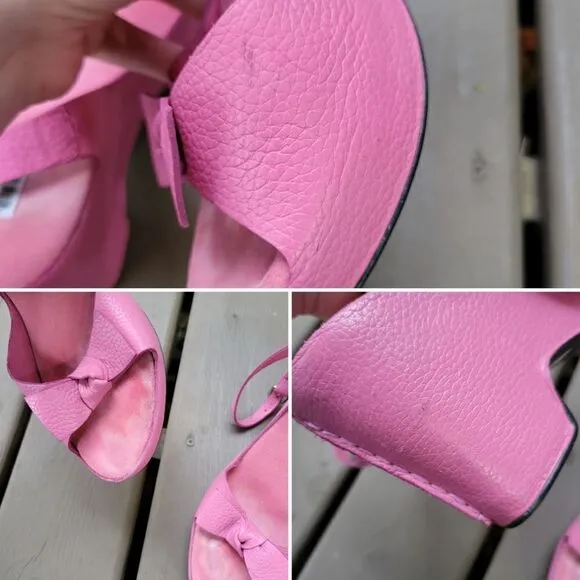 Vintage 90s y2k Barbie Pink Leather Ankle Buckle Wrap Bow Wedge Platform Sandals