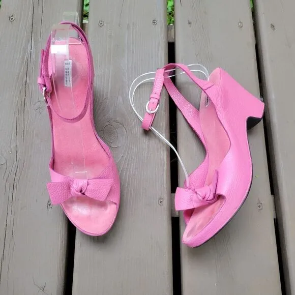 Vintage 90s y2k Barbie Pink Leather Ankle Buckle Wrap Bow Wedge Platform Sandals