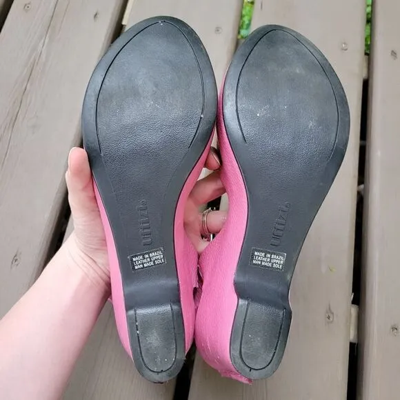 Vintage 90s y2k Barbie Pink Leather Ankle Buckle Wrap Bow Wedge Platform Sandals