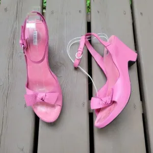 Vintage 90s y2k Barbie Pink Leather Ankle Buckle Wrap Bow Wedge Platform Sandals