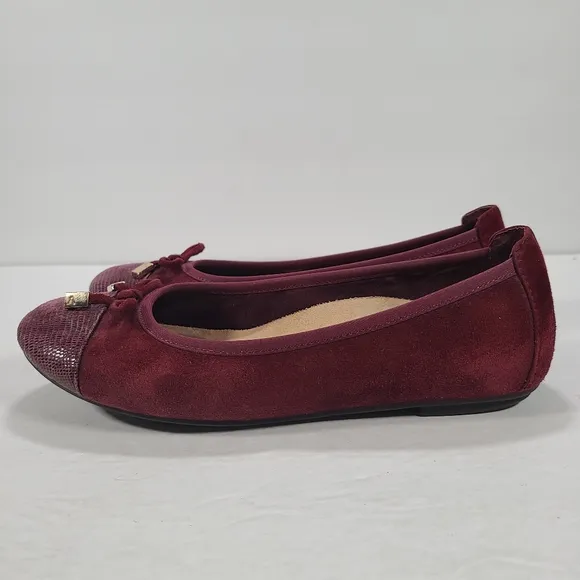 Vionic Minna Merlot Suede Reptile Cap Toe Ballet Flats Bow Detail Women Size 7