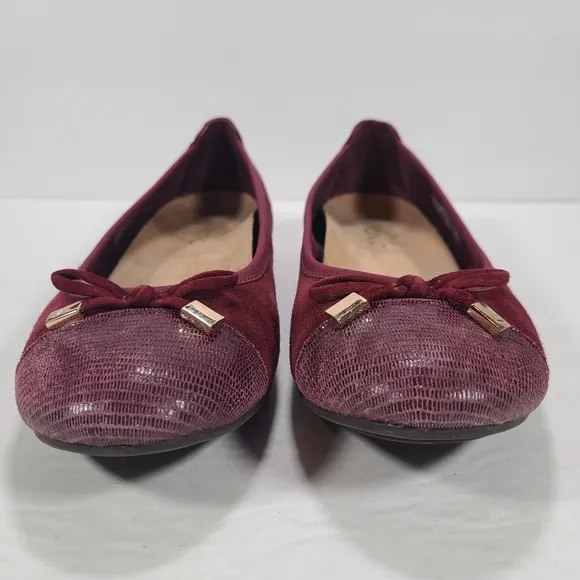 Vionic Minna Merlot Suede Reptile Cap Toe Ballet Flats Bow Detail Women Size 7