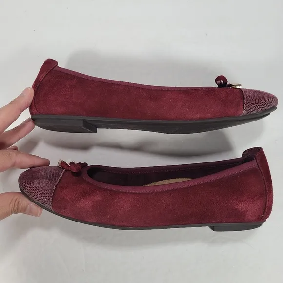 Vionic Minna Merlot Suede Reptile Cap Toe Ballet Flats Bow Detail Women Size 7