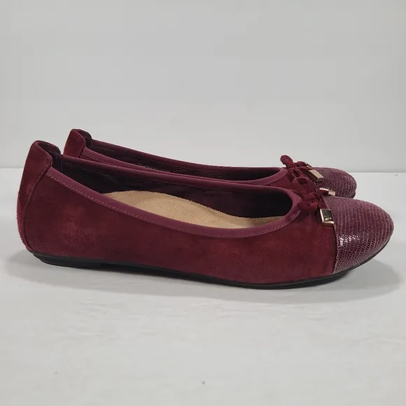 Vionic Minna Merlot Suede Reptile Cap Toe Ballet Flats Bow Detail Women Size 7