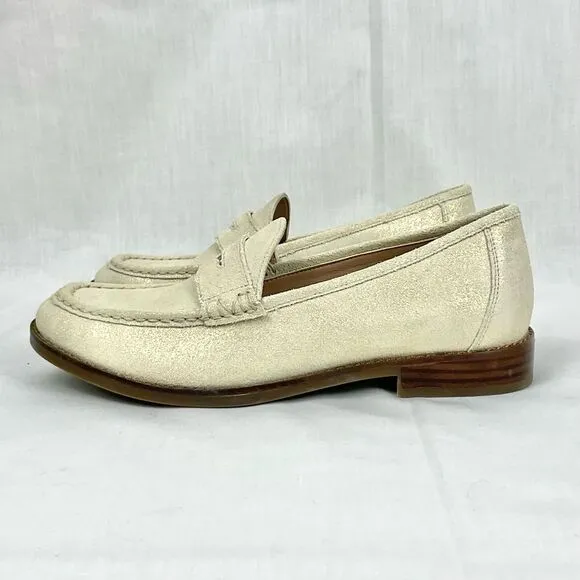 Vionic Shimmer Penny Loafers Waverly Cream Gold Nubuck Leather Classic Sz 6.5