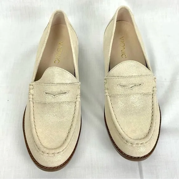 Vionic Shimmer Penny Loafers Waverly Cream Gold Nubuck Leather Classic Sz 6.5