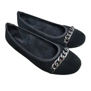 Vionic Women's Black Suede Pera Ballet Flats Size 9 Chain Detail Workwear Career