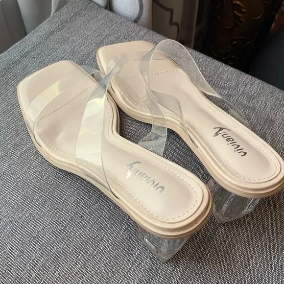Vivianly Open Toe Clear Heels Mule Double Straps Slip On Chunky Sandal S…