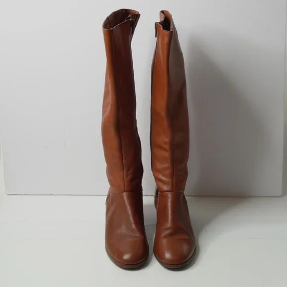 VTG 70s Knee High Cognac Brown Leather Boots Heeled Side Zip Riding Italy 7M GUC
