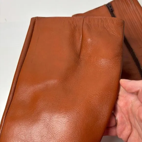 VTG 70s Knee High Cognac Brown Leather Boots Heeled Side Zip Riding Italy 7M GUC