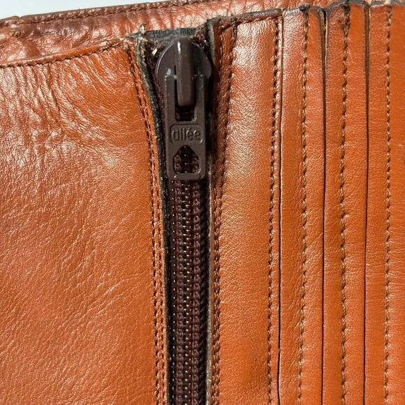 VTG 70s Knee High Cognac Brown Leather Boots Heeled Side Zip Riding Italy 7M GUC