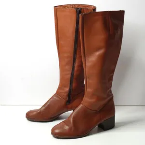 VTG 70s Knee High Cognac Brown Leather Boots Heeled Side Zip Riding Italy 7M GUC