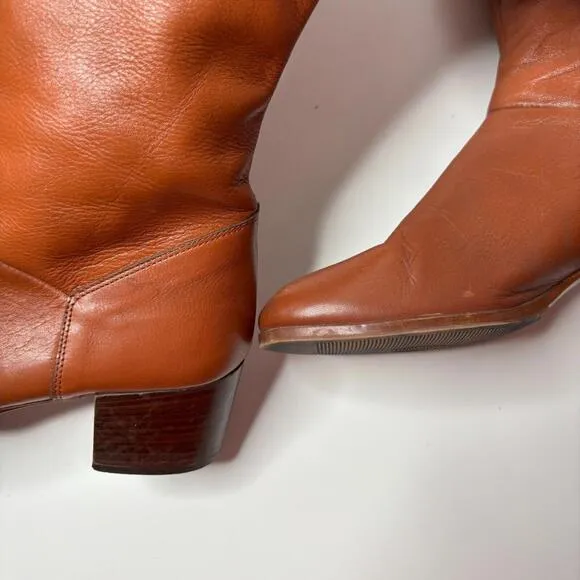 VTG 70s Knee High Cognac Brown Leather Boots Heeled Side Zip Riding Italy 7M GUC