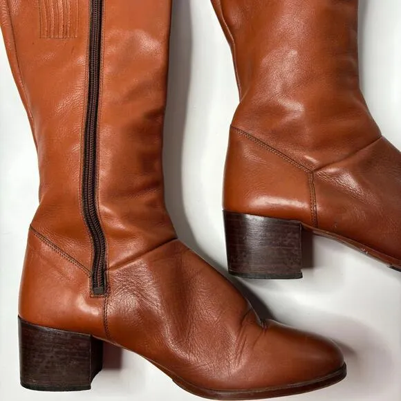 VTG 70s Knee High Cognac Brown Leather Boots Heeled Side Zip Riding Italy 7M GUC
