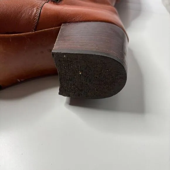 VTG 70s Knee High Cognac Brown Leather Boots Heeled Side Zip Riding Italy 7M GUC