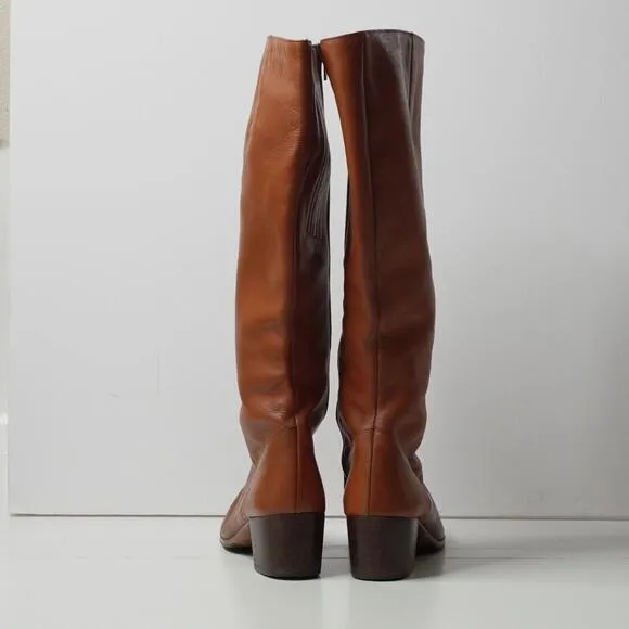 VTG 70s Knee High Cognac Brown Leather Boots Heeled Side Zip Riding Italy 7M GUC