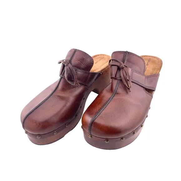 Vtg Y2K HOKUS POKUS Leather Clogs Women's 10M Wood Chunky Platform Mules Sandals