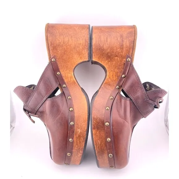 Vtg Y2K HOKUS POKUS Leather Clogs Women's 10M Wood Chunky Platform Mules Sandals
