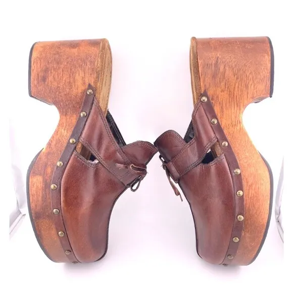 Vtg Y2K HOKUS POKUS Leather Clogs Women's 10M Wood Chunky Platform Mules Sandals